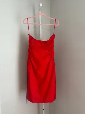 Staud Romina Dress Strapless Ruched Tomato Red Midi Dress Women’s Size 12 thumbnail 4