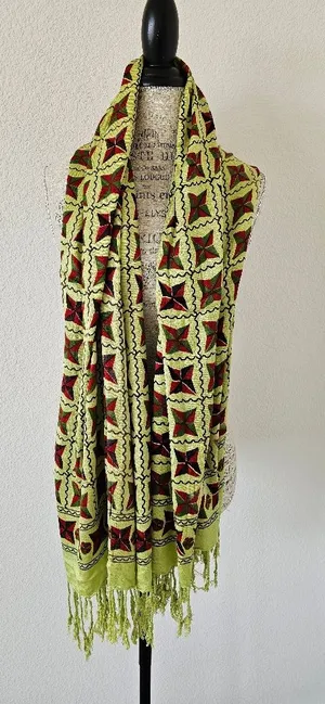 Chartreuse & Red Geometric Star Pashmina Scarf with Tassel Fringe thumbnail 1