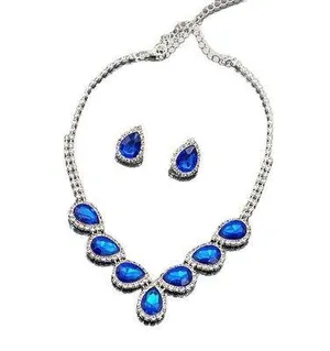Bridal Wedding Jewelry Set Crystal Sapphire Bridesmaid Party Necklace Drop Dangle Earrings Set thumbnail 1