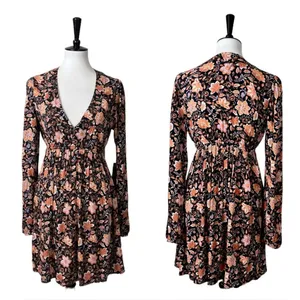 Billabong Sweetest Dream Floral Mini Dress Black Pebble Long Sleeve L thumbnail 9
