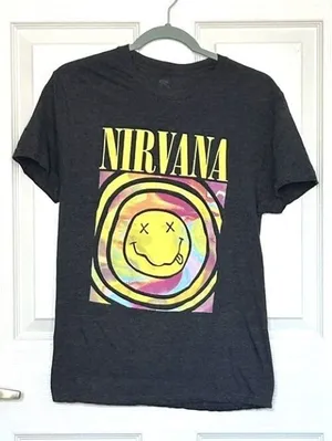 Nirvana Smiley Face Graphic Tee‎ Alternative Band T-Shirt Gray Size Small/Medium thumbnail 1