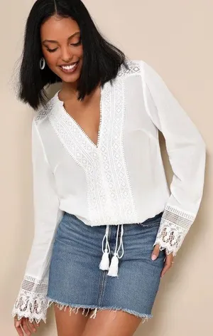 Lulus Bali Daydream White Lace Long Sleeve Top Small thumbnail 1