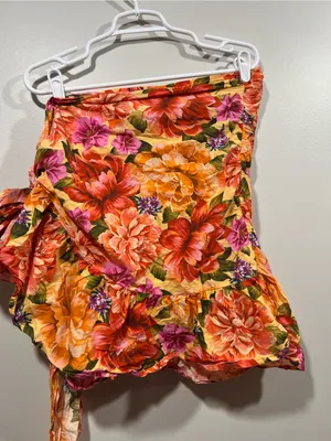 FARM Rio Lia Pink Orange Yellow Floral Ruffled Swim Coverup Skirt Small thumbnail 5