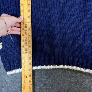 Palm Springs Yacht Club Vintage Navy Floral Knit Sweater Pom Pom Trim Medium thumbnail 5