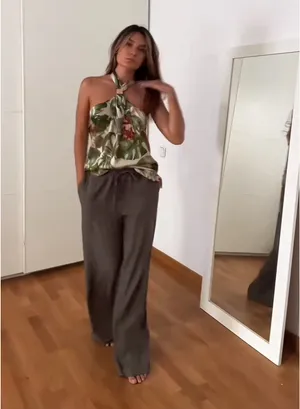 Zara Dark Olive Green Textured Loose Flowy Flare Pants Drawstring Boho Trousers thumbnail 5