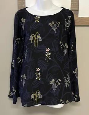 LOFT Black and Navy CrewNeck Floral Long Sleeve Blouse with Side Slits- Medium thumbnail 1