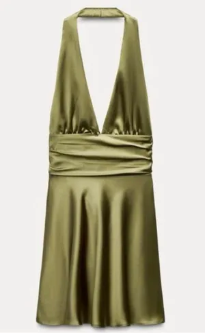 Zara dress halter open back tie bow Elegant Olive Green Satin wedding party thumbnail 13