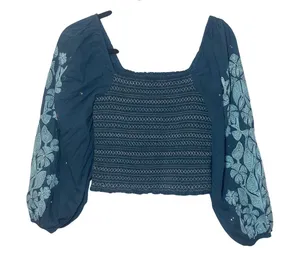 Anthropologie Teal‎ Smocked Embroidered Puff Sleeve Crop Top XS Floral Boho thumbnail 1