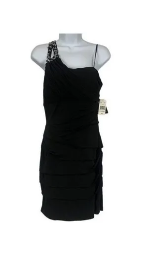 City Triangel Black One-Shoulder Beaded Cocktail Dress With Draped Layered Skirt thumbnail 1