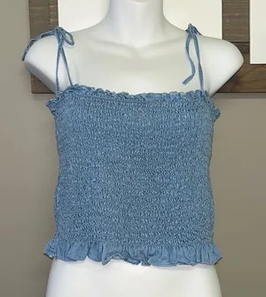 Vici Vintana Smocked Tencel Cropped Straps Tank Top Light Blue- Large thumbnail 1
