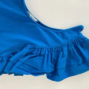 EUC ZARA women’s bright‎ blue off-shoulder ruffle sleeve fitted bodysuit large thumbnail 2