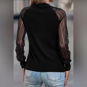 NEW Black Ribbed Top With Striped Mesh Long Sleeves thumbnail 2