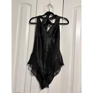 Moon Collection Sultry Satin Black Mesh Ruffle‎ Bow Halter Bodysuit Small thumbnail 2
