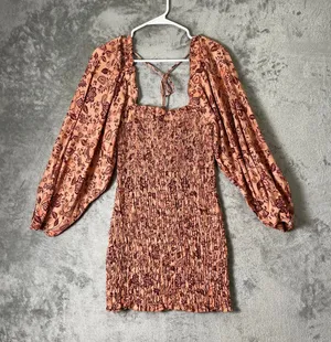 Free People Printed Smocked Mini Dress Puff Sleeve Boho Romantic Cottagecore S thumbnail 1