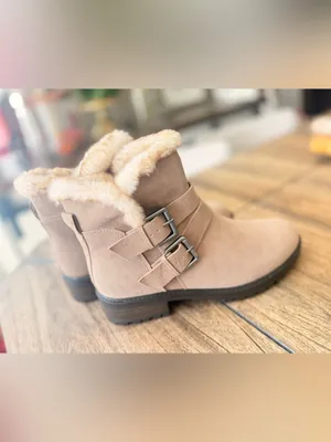 Universal Thread tan faux-suede double-buckle moto ankle boots feature a plush thumbnail 4