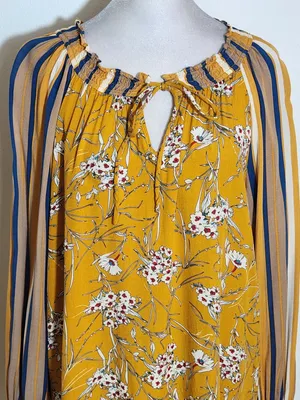 Gigio Mustard Yellow Boho Peasant Blouse Floral and Stripe Print Size Large thumbnail 2