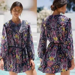 NWT Anthropologie Mini Dress Paisley Vibrant Boho Smocked Collar‎ Med thumbnail 3
