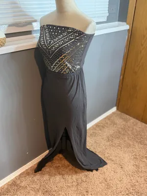 Express Strapless Black Evening Dress with Gold Beaded Bodice thumbnail 5