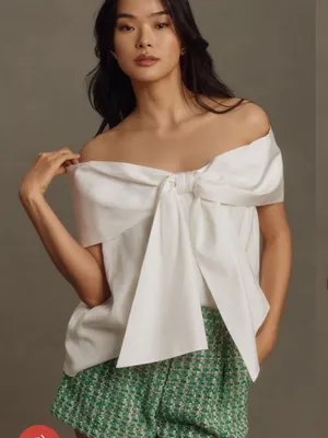 The Clothing Exchange Company Ivory Off Shoulder Bow Front Peplum Blouse Strapless White Top thumbnail 1