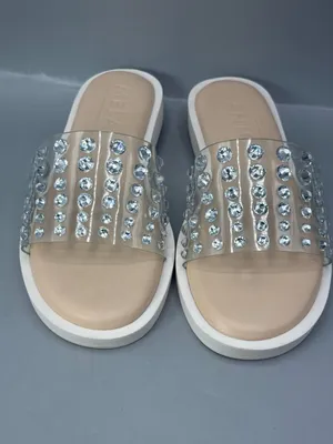 Antonio Melani Slide Sandals Womens 5 Tan Clear Rhinestones Flat Heel Slip On thumbnail 3