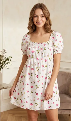J.Crew Women's Smocked Puff Sleeve Mini Dress M White Pink Rose Floral Cotton thumbnail 1