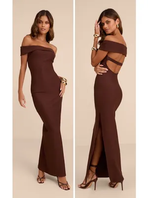Lulus Chastain Brown Ponte Knit Off-the-Shoulder Maxi Dress Size Medium Formal thumbnail 2