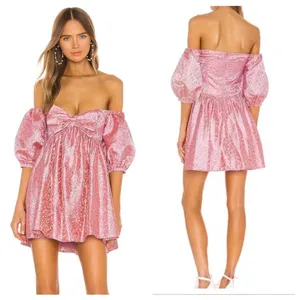 SAU LEE Arabella Mini Dress in Candy Pink Jacquard Floral Bow Puff Sleeve US 8 thumbnail 4