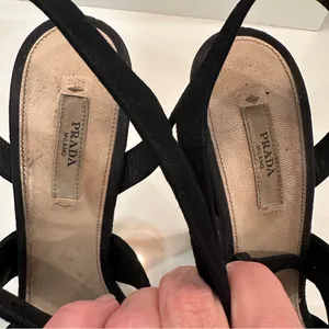 Prada Platform Stiletto T-strap Sandals Sz 39 Suede Black Gray Heels Peep Toe thumbnail 10