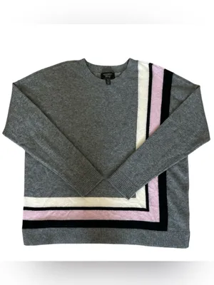 Charter Club Pure Cashmere Border Trim Sweater Gray Heather Pink Stripe Large thumbnail 3