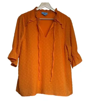 CeCe Womens Ruffle Neck Tie 3/4 Sleeve Clip Dot‎ Blouse Orange Size L thumbnail 1