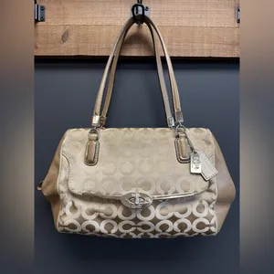 Coach 25638 Madison Madeline White and Gold Canvas Shoulder Bag thumbnail 2