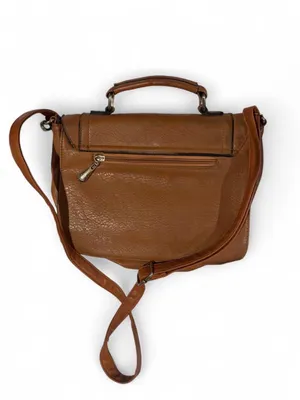 Structured Tan Crossbody Satchel with Perforated Flap and Top Handle thumbnail 3