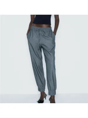 Zara Light Gray Elastic Waist Drawstring Pants thumbnail 3