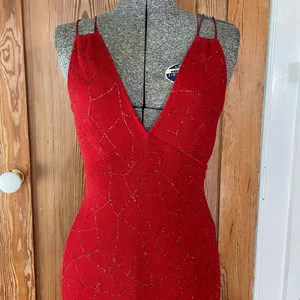 J USA Red Beaded Strappy Back Y2K Maxi Evening Dress Vintage 90’s Sz Large💛🍄 thumbnail 4