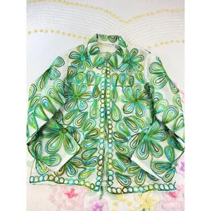 Laura Ashley Green Floral Embroidered Sheer Organza Button Down Shirt Large‎ thumbnail 2
