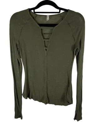 Intimately Free People Olive‎ Green Strappy V-Neck Long Sleeve Top Medium Boho thumbnail 1