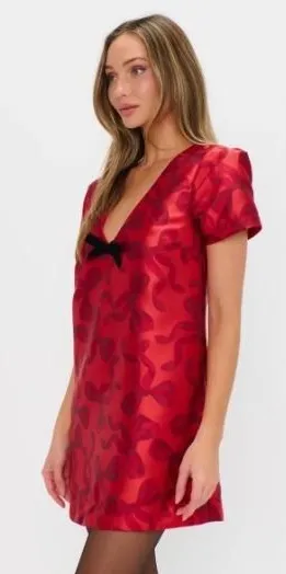 Show Me Your Mumu Jeanette Dress‎ NWT XS Red Jacquard Mini Velvet Bow What Fun thumbnail 1