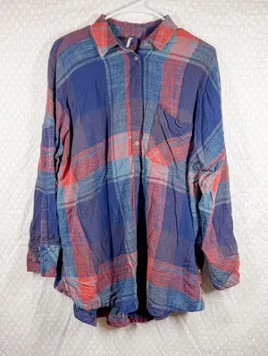 Free People Blue‎ Red Plaid Keep It Cozy Flannel Top thumbnail 1