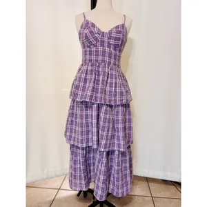 Lulus Purple Plaid Tiered Midi Dress Small Cottage Bustier Women Flair Sundress thumbnail 8
