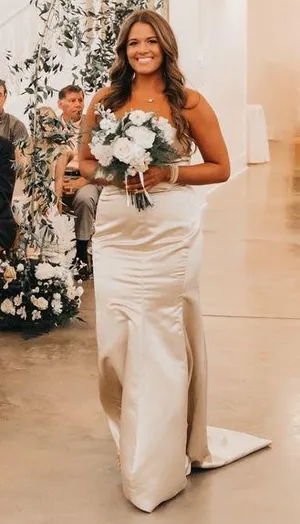 Hebeos Strapless Champagne Dress with Train thumbnail 1