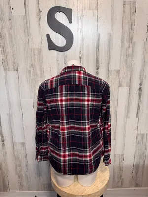 Natural Reflections Plaid Flannel Button Down Shirt Womens Small Navy Red Cotton thumbnail 6