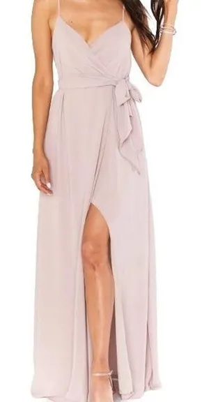 Mumu Maxi‎ Dress Beige Spaghetti Strap Wrap Front Slit Tie Waist thumbnail 1