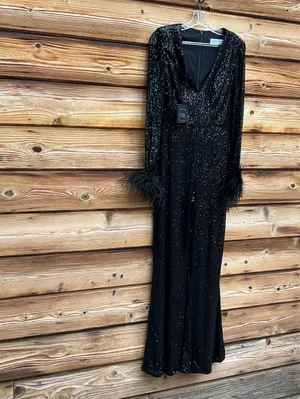 Mac Duggal Black XS Sequin Feather Trim Flare Leg V Neck Pants Jumpsuit thumbnail 5