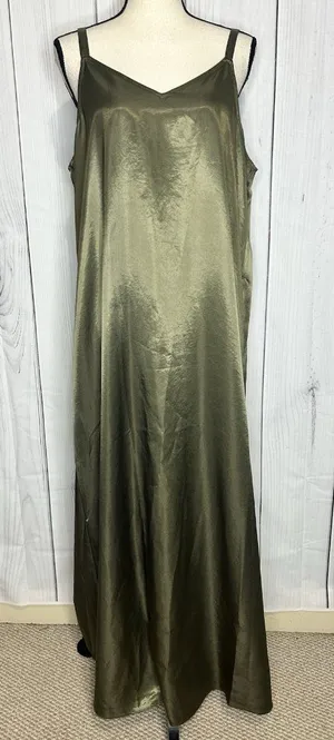 Vince Camuto Olive Green Satin Slip Maxi Dress Sz L V-Neck Strappy Sleeveless thumbnail 1