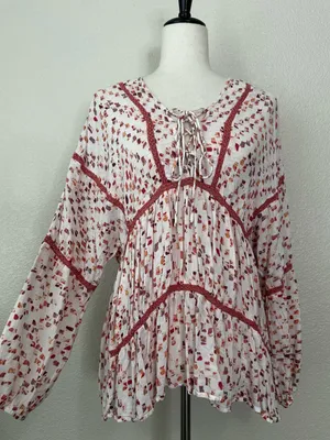 Miss Me Boho Woven Pointelle Lace Up Dolman Sleeves Peasant Top, Sz Medium thumbnail 3