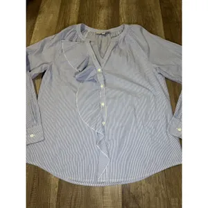 LOFT Womens Blue White Striped Ruffle Front‎ Button Down Cotton Blouse Size M thumbnail 5