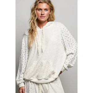 POL Mixed Knit Contrast Print Sleeve Hoodie with Kangaroo Pocket - Medium‎ thumbnail 4
