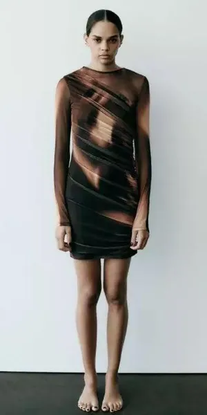 dress mini long sleeve brown tulle ruched party evening cocktail thumbnail 3