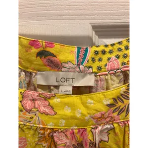 LOFT‎ Womens Yellow Floral Linen Blend Square Neck Puff Sleeve Blouse L Tropical thumbnail 3