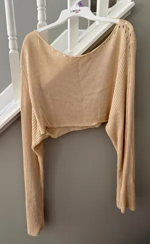 creme off the shoulder long sleeve crop top thumbnail 1